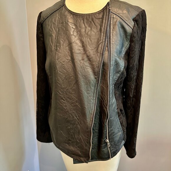 Faux Leather and Lace Sleeved Moto Style Jacket - Picture 6 of 16